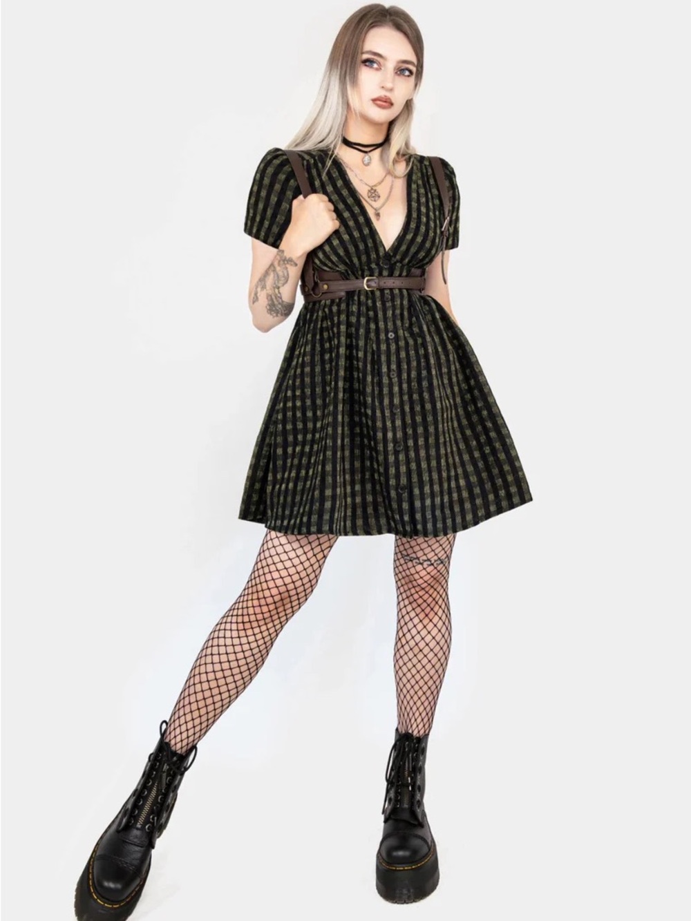 Rydal Check Button Up Mini Short Sleeve Dress in Olive Green